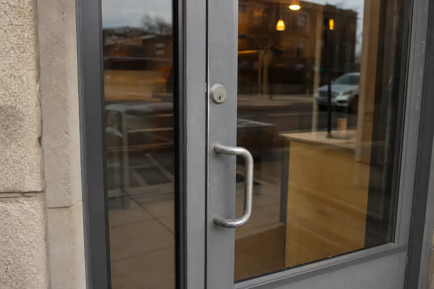 Glass entrance door of a local business